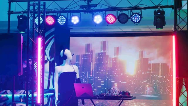 DJ profesional mezclando música en un evento con luces.